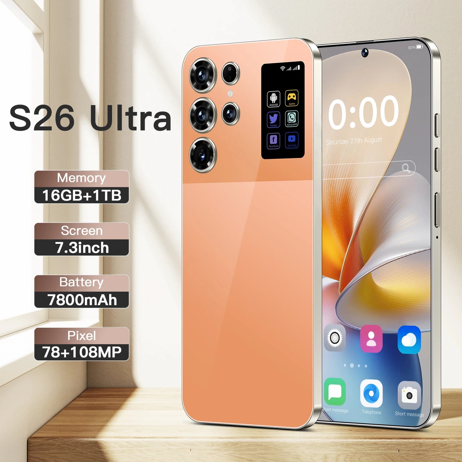 Tidesmit S26 Ultra 5G Android 14 smartphone with 7.3 inch HD display 16GB RAM 1TB storage deca core unlocked