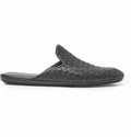 Luxury black woven leather mule loafers with flat sole and slip-on design.