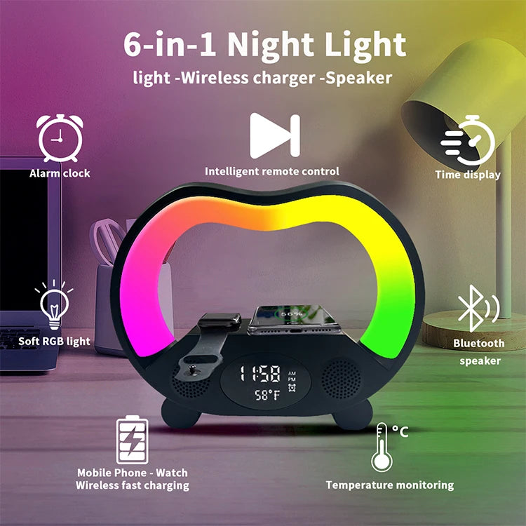Multifunctional G Shape Wireless Charger Led Lamp Alarm Clock RGB Night Light 15W Phone Wireless Charger and Speaker Lamp Tidesmit