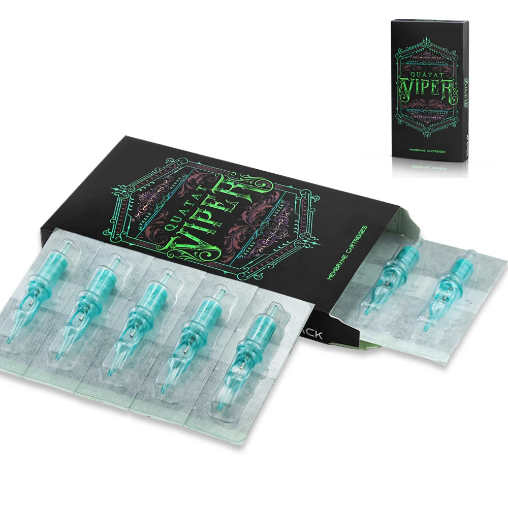 Quatat Viper tattoo needle cartridges in a black box, featuring translucent blue plastic tips in individual blister