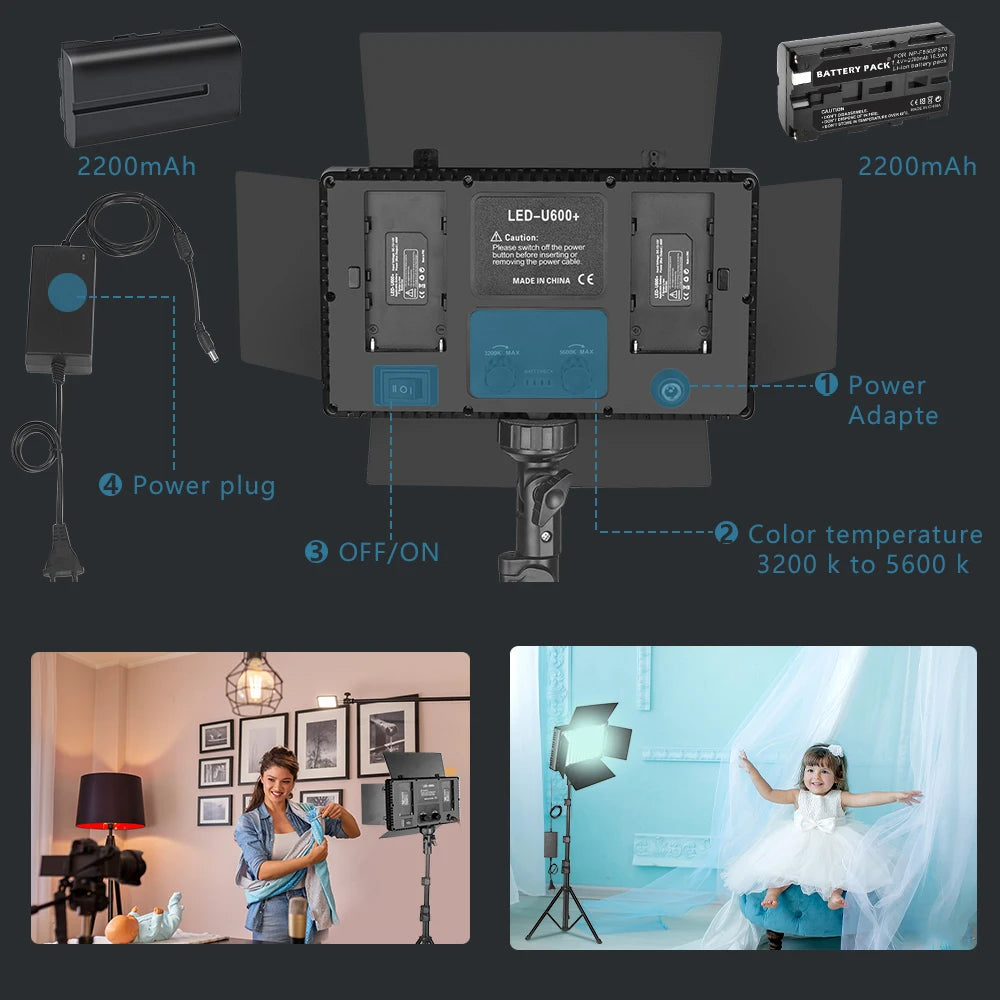 Black LED-U600+ video light panel with adjustable barn doors, two batteries, power adapter, and tripod mount.