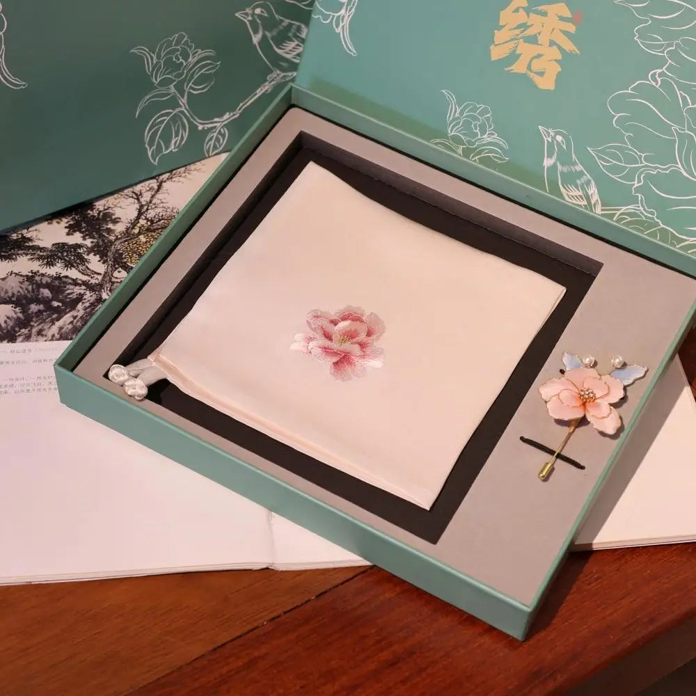 Unique Handcraft Embroidery Silk Scarf Souvenir Gift Brooch and Scarf Set