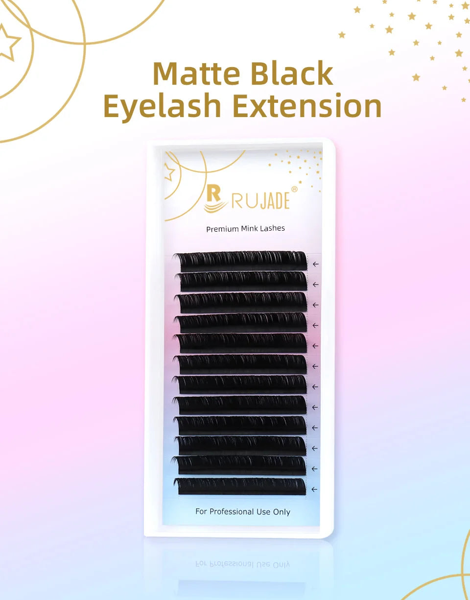 Tray of matte black, 0.03mm Russian volume handmade silk eyelash extension fans by RUJADE on a gradient background.