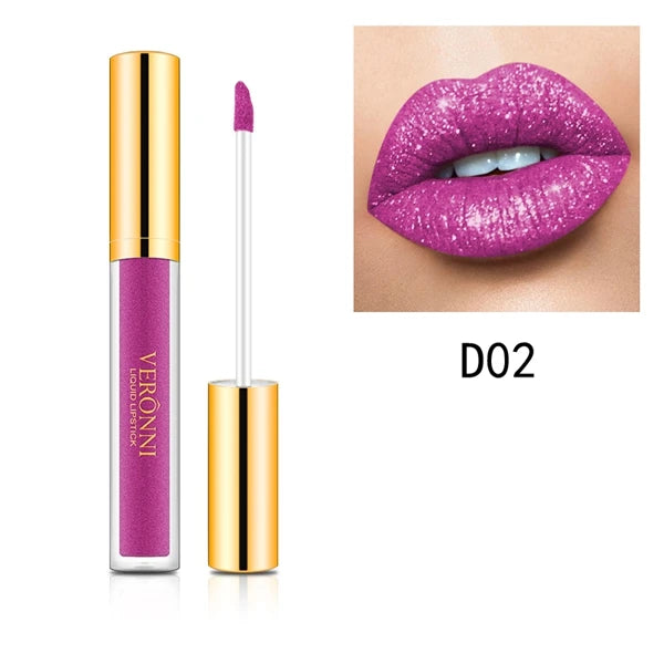 Veronni waterproof diamond shimmer liquid lipstick in D02 bright purple with glittery pearl finish on lips.