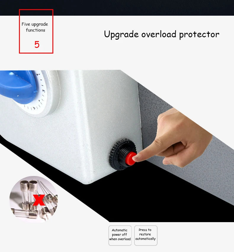 Silver electric beverage maker showing a finger pressing the red automatic overload protector reset button.