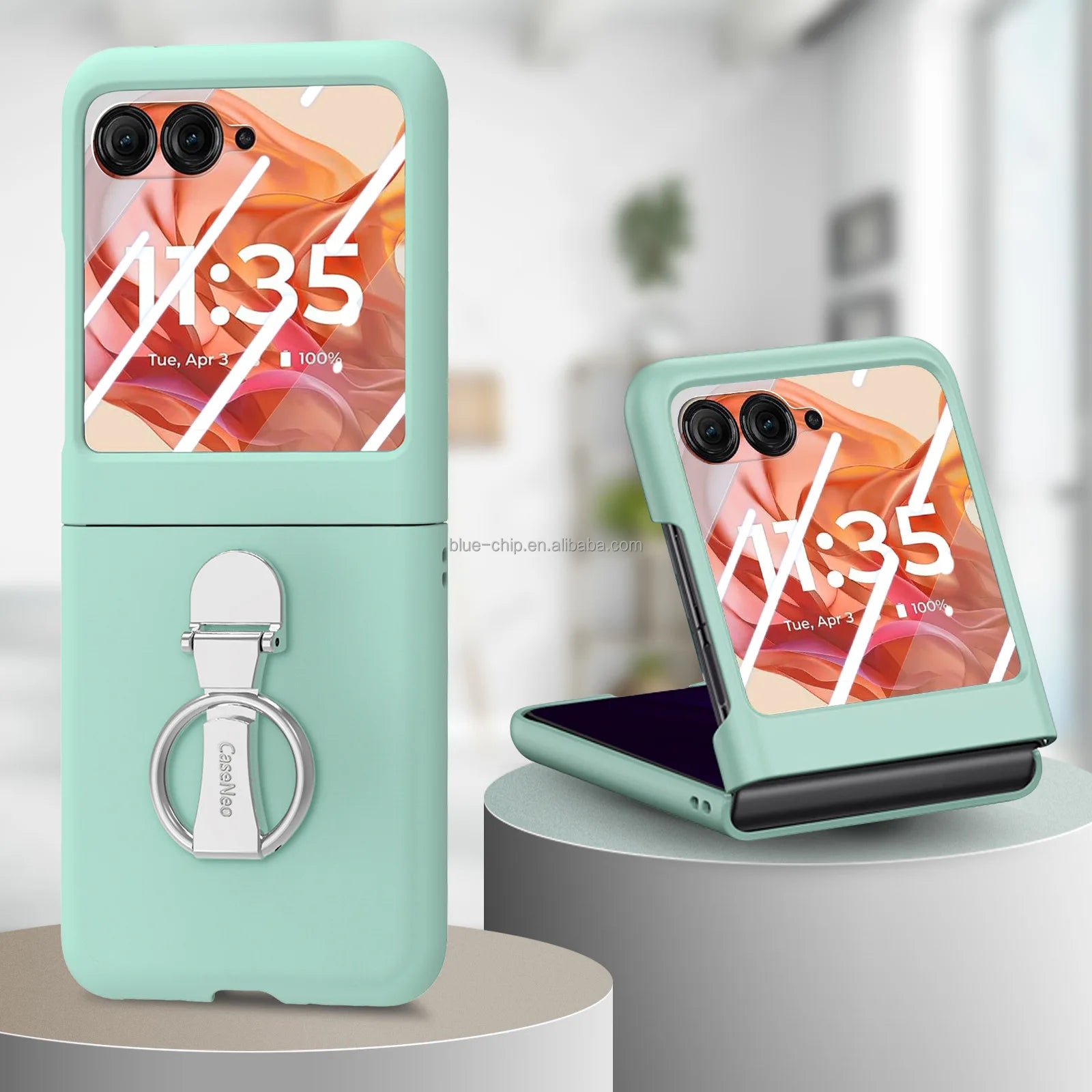 Ring Anti-Fall Promotional 2025 New Model Mobile Back Cover and Screen Protector Bulk Cell Phone Case for Motorola Razr 50 Ultra Light Green (With Steel film) OPP Bag Tidesmit