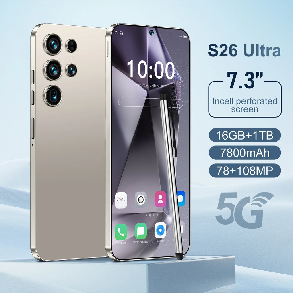 Unlocked S26 ULTRA 5G Mobile Phone 7.3 Inch Screen 108MP Camera 7800mAh Battery Dual Sim 1TB ROM Smart Features Tidesmit