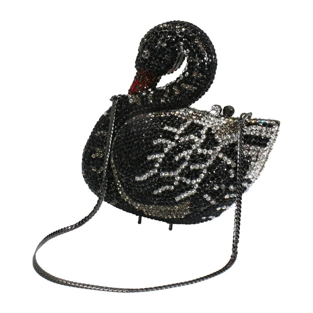 Black swan evening clutch bag encrusted with sparkling rhinestones, designer handbag style with a silver chain strap.