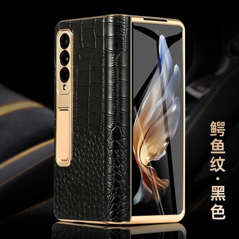 For Samsung Galaxy ZFold 6 Z Fold 5 Crocodile Genuine Leather Electroplated Hinge Full Protective Case Tempered Screen Protector black3 OPP Bag Tidesmit