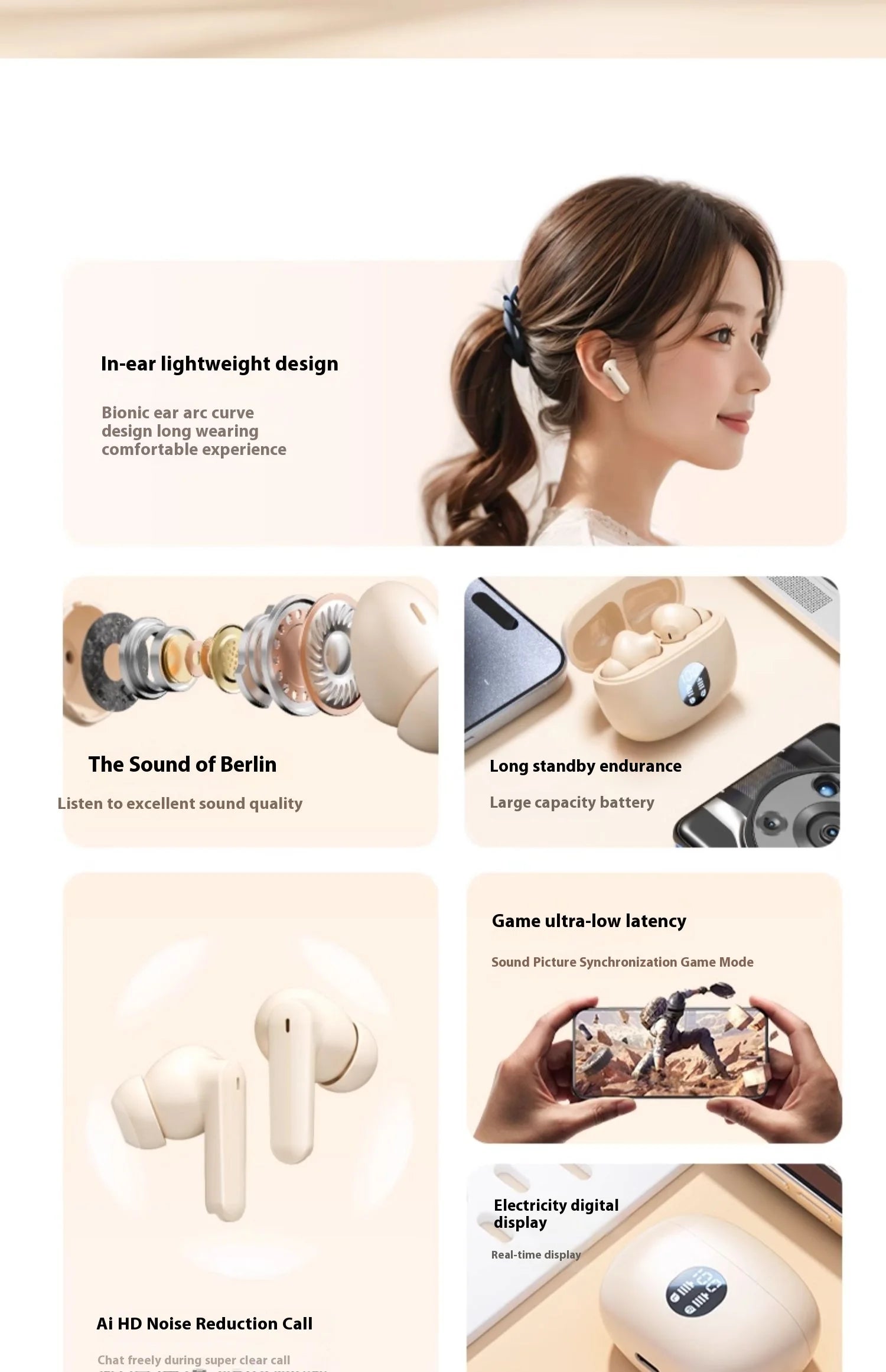 For Bluetooth In-Ear Headset LED Battery Wireless Noise Reduction Long Endurance High Sound Quality for Sports Running Tidesmit