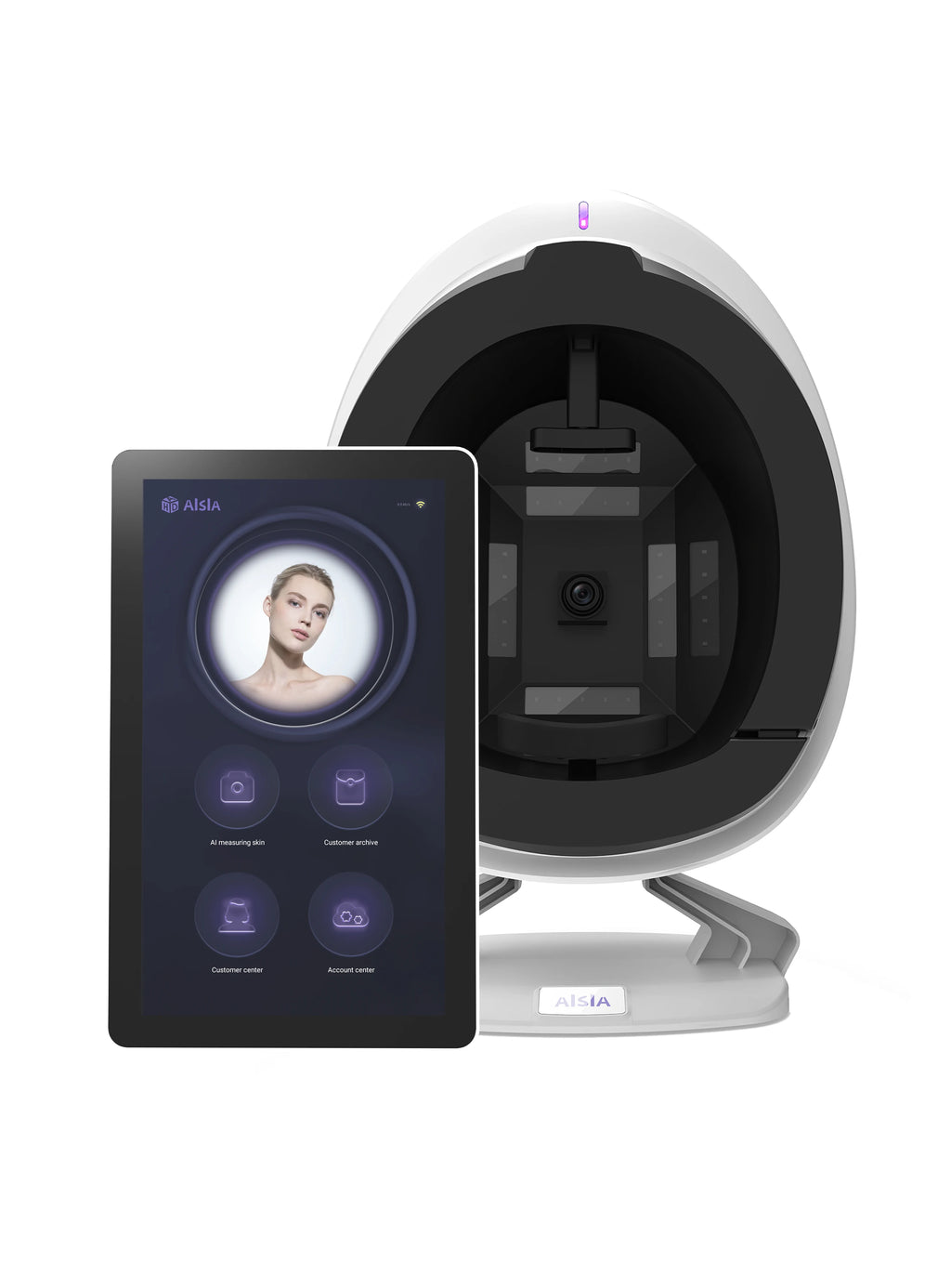 White AI smart facial skin analyzer and anti-aging imaging device with tablet display and head scanning compartment.