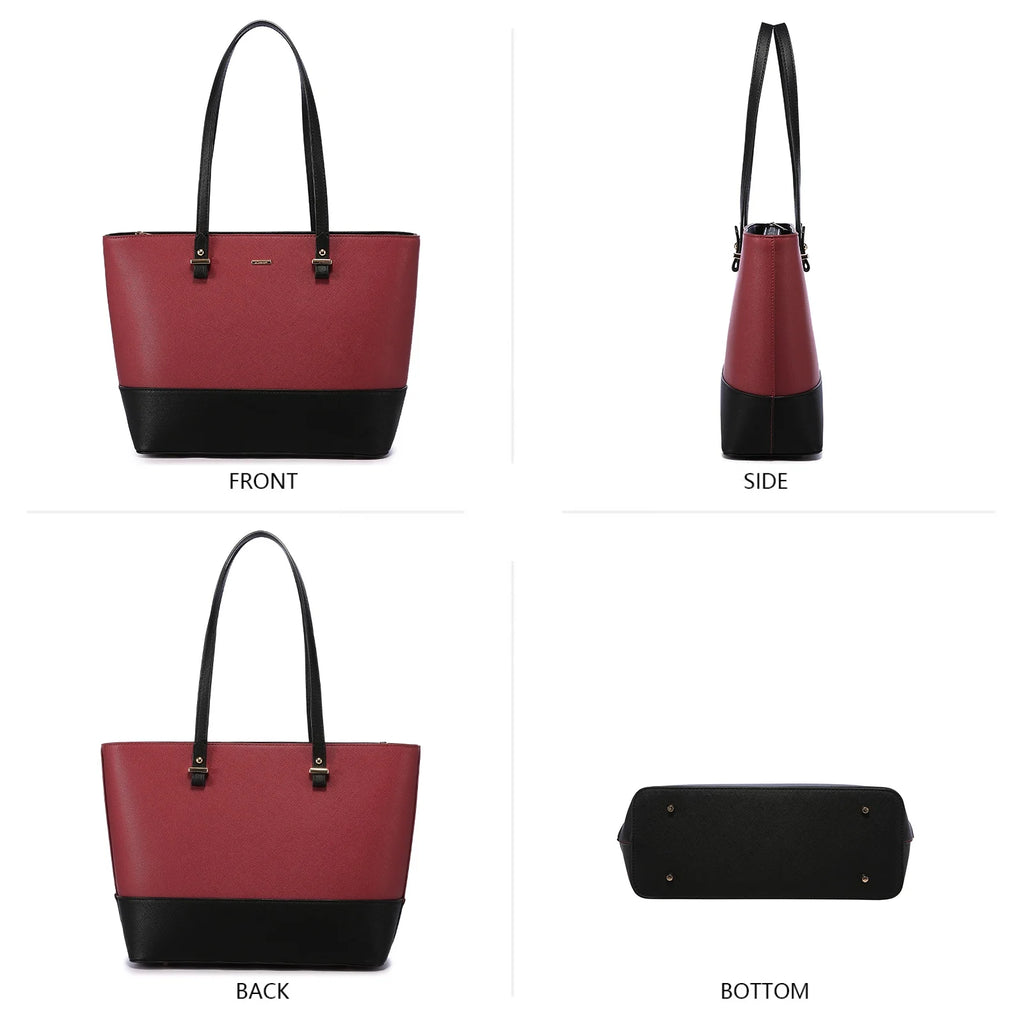 LOVEVOOK two-tone maroon and black PU leather designer tote handbag with black shoulder straps and metal feet.