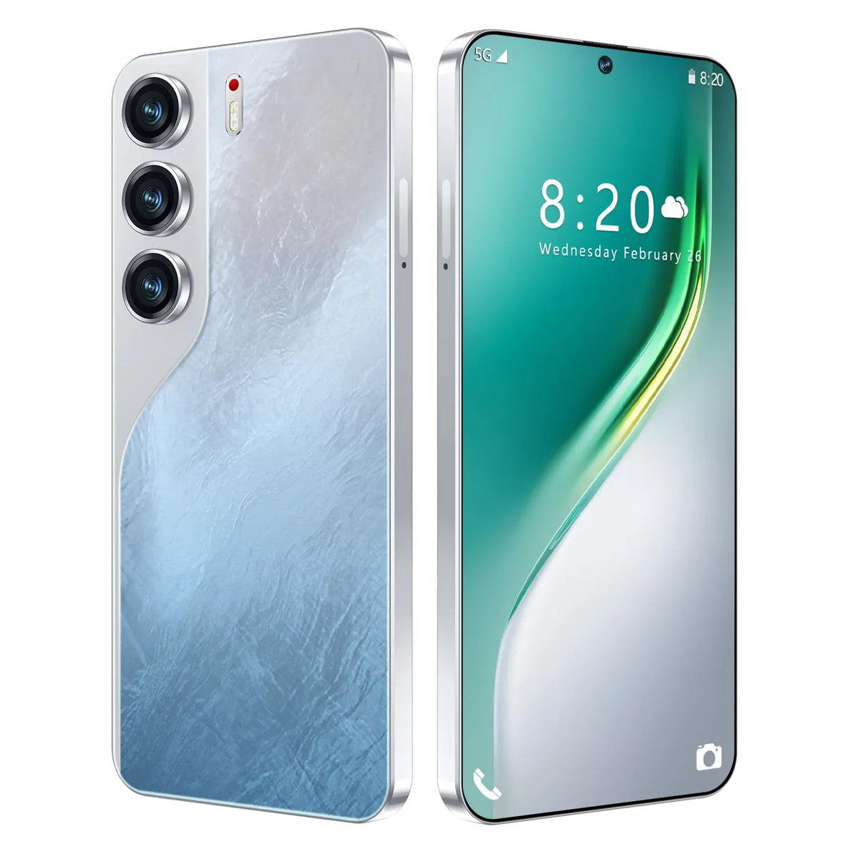 Tecno Camon 40 5G smartphone with light blue back and triple rear cameras; green screen