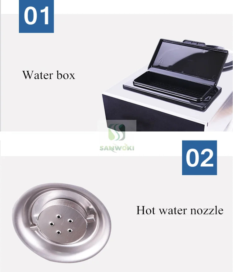 Sanwoki coffee machine parts: black rectangular water tank and round stainless steel hot water nozzle.