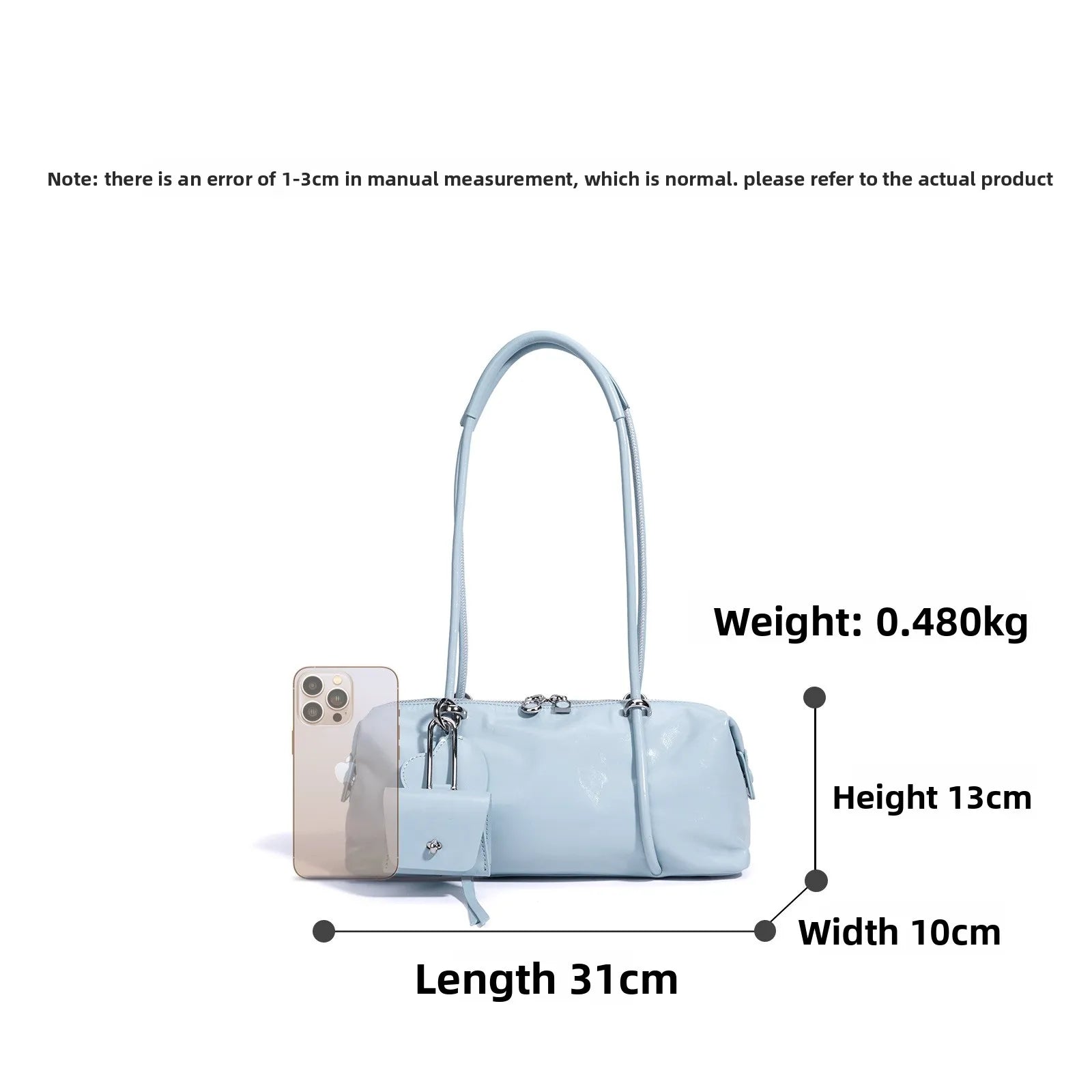 Light blue minimalist Boston underarm shoulder bag with luxe glossy texture, zipper closure, and small heart accessory.