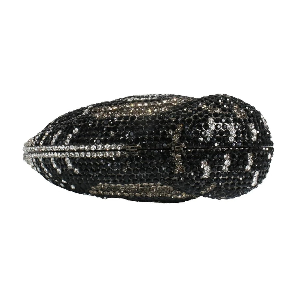 Black and silver rhinestone swan-shaped evening clutch, elegant crystal bridal handbag for formal occasions.