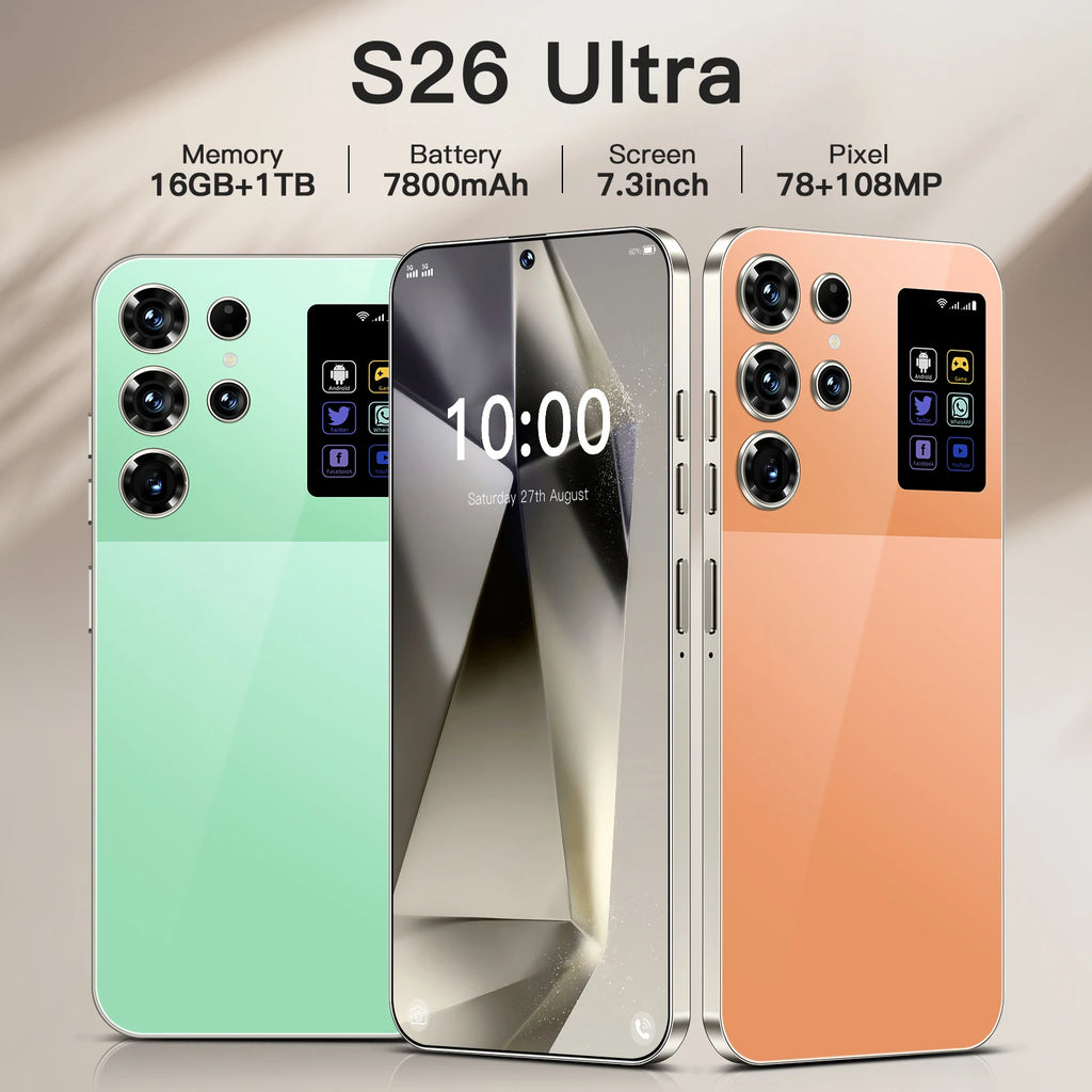 Tidesmit S26 Ultra 5G Android 14 smartphone featuring 16GB RAM 1TB storage and a 7.3 inch HD display