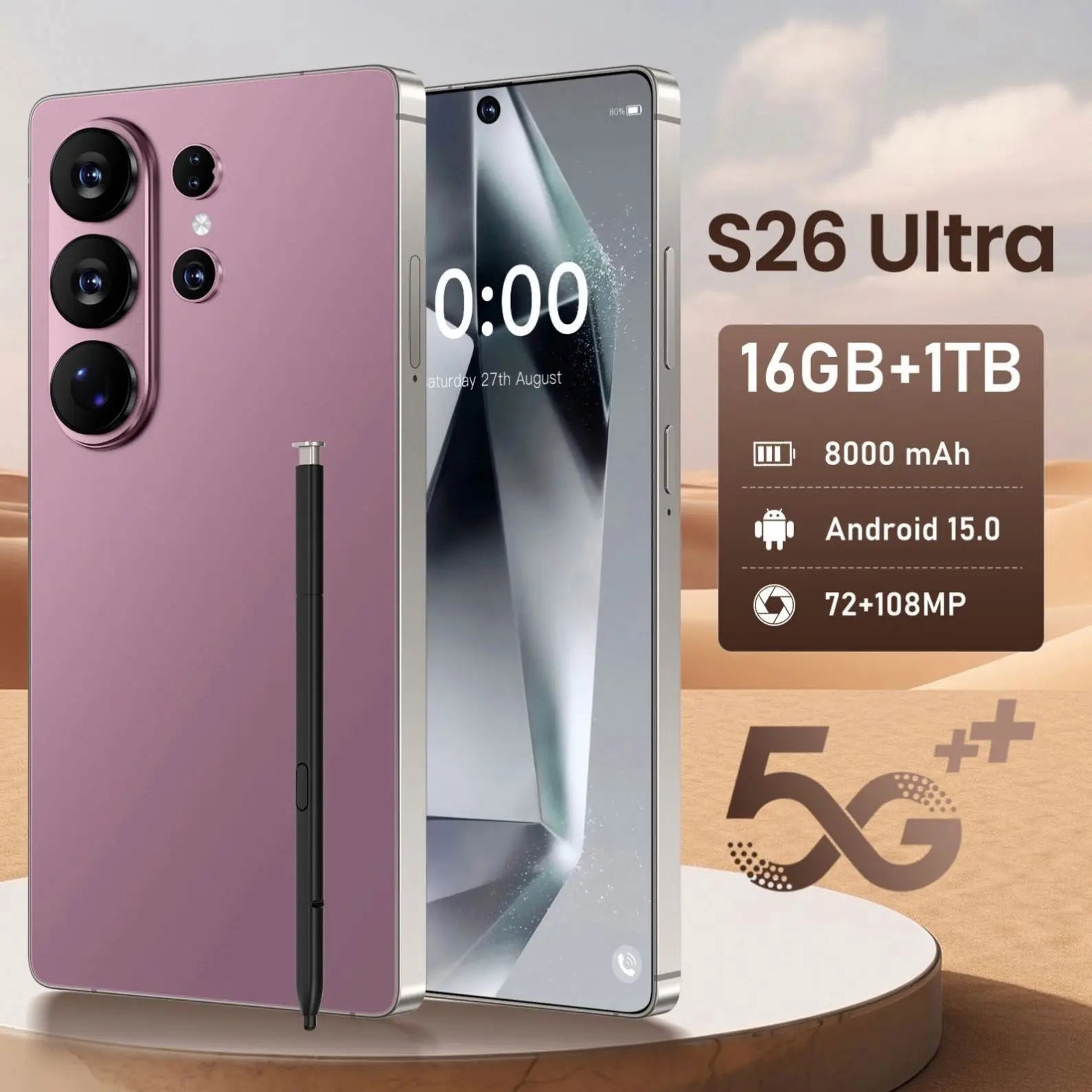 2026 S26 Ultra 5G Android 15 smartphone with 7.3 inch HD display and 108MP camera, 16GB RAM 1TB storage, view 6