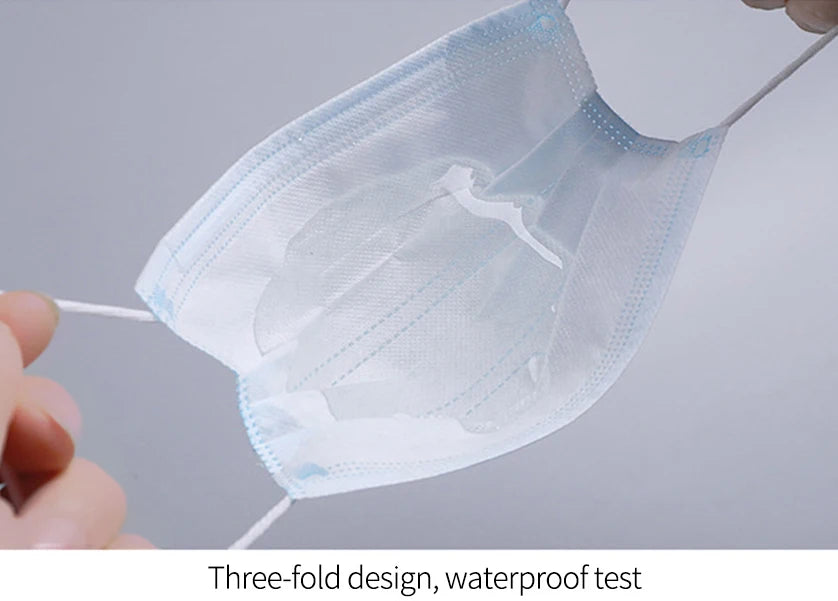 Blue 3-layer disposable face mask, non-woven meltblown fabric with elastic ear loops, showing interior folded texture.