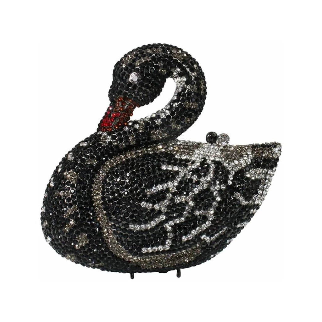 Black swan designer evening clutch encrusted with sparkling black and clear crystals for formal parties.