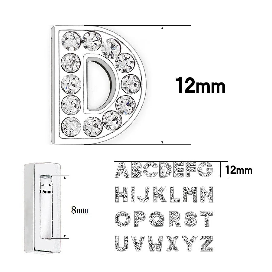 Silver rhinestone alphabet slide charms for 8mm pet collars to customize your dog or cat's name.