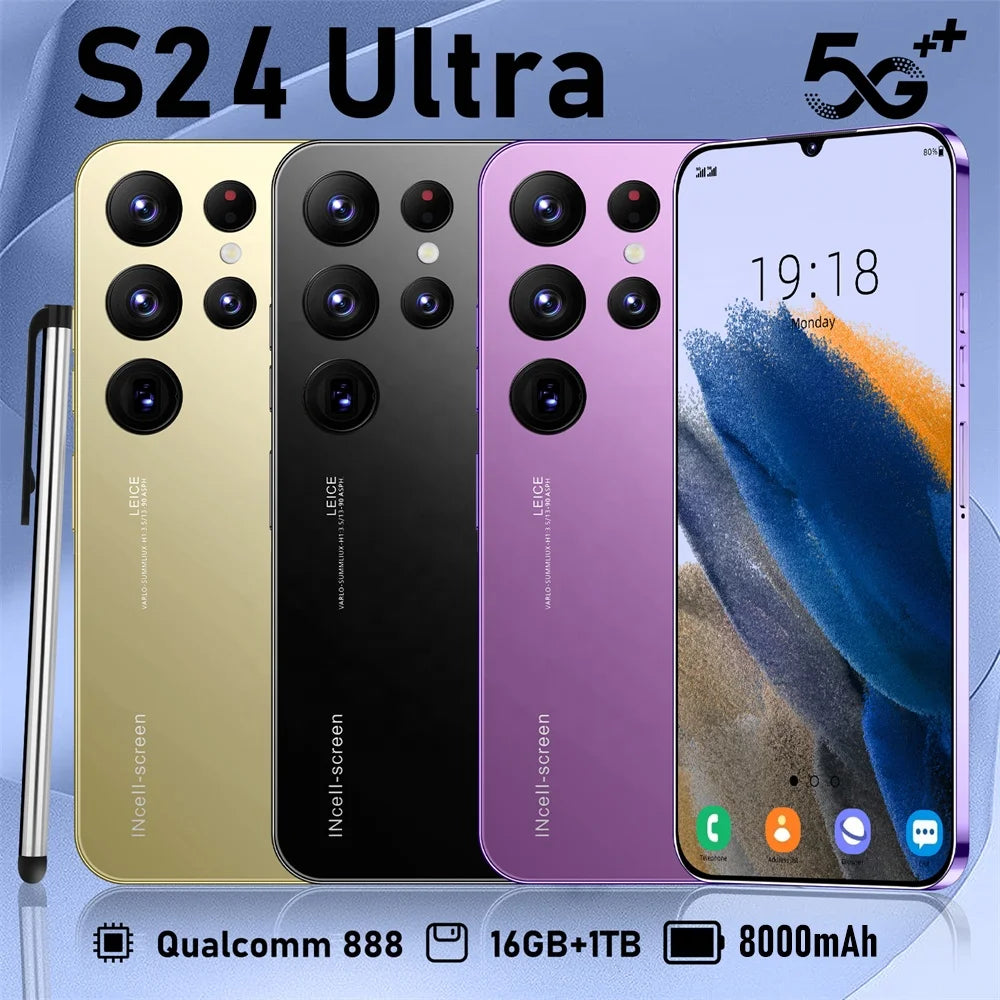 Tidesmit S24 Ultra 5G smartphone with 7.3 inch HD screen, 16GB RAM, 1TB storage, and Android 13 in sleek design.