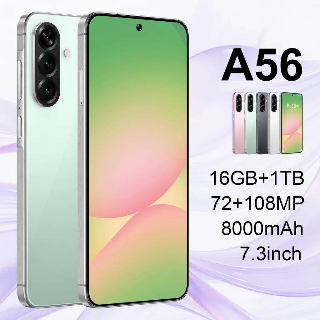 Tidesmit A56 5G smartphone featuring a 7.3 inch HD display and 108MP camera, running Android 14.