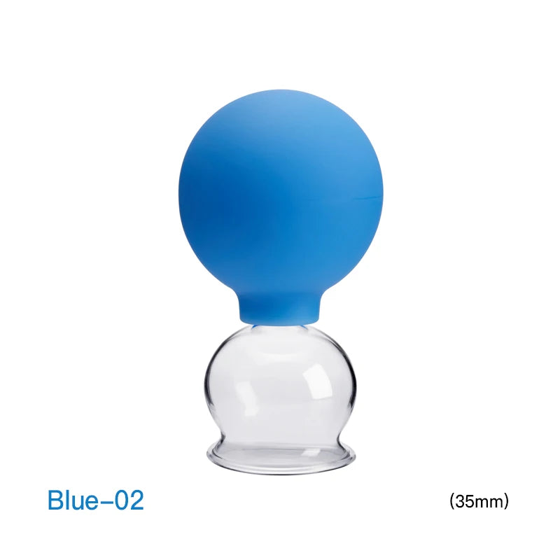 Blue silicone bulb attached to a 35mm clear glass vacuum cupping massage cup for therapy and skin lifting.