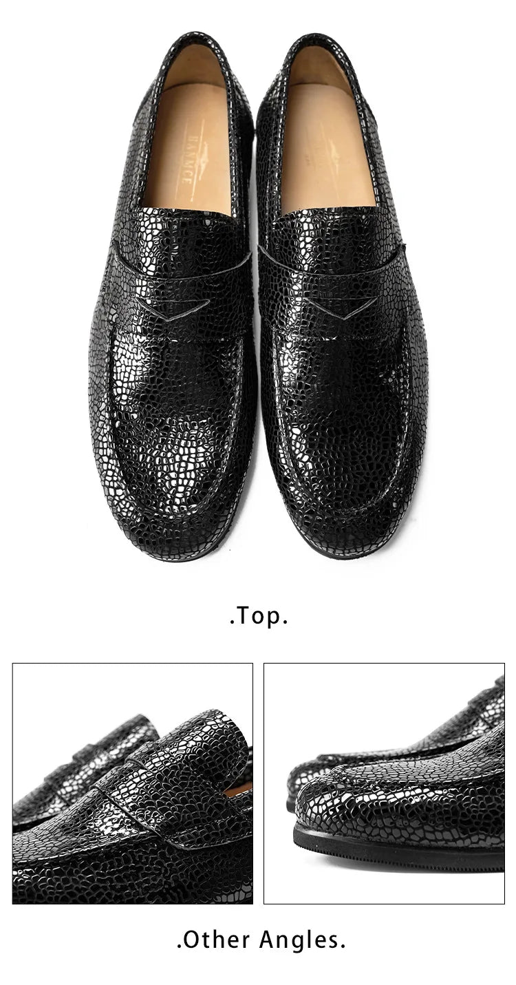 Men's Loafers Office Casual Shoes Slip-On Summer Cowhide Geometric Pattern Genuine Leather Upper Rubber Outsole