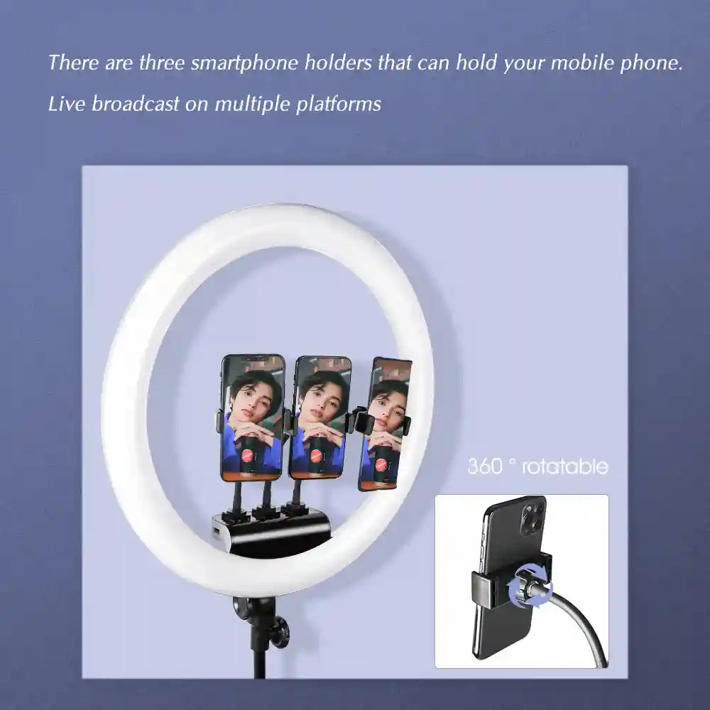 Ring light with three 360-degree adjustable phone mounts for multi-platform live streaming.
