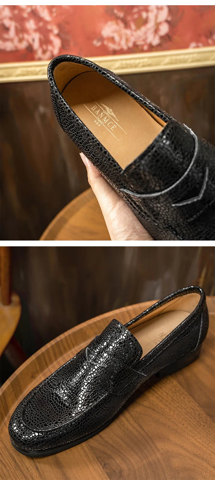 Men's Loafers Office Casual Shoes Slip-On Summer Cowhide Geometric Pattern Genuine Leather Upper Rubber Outsole