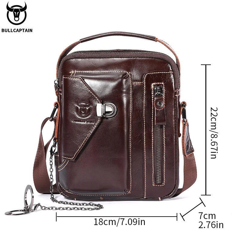 BULLCAPTAIN vintage brown cowhide leather men's crossbody bag with zip pockets, metal clasp, and shoulder strap.