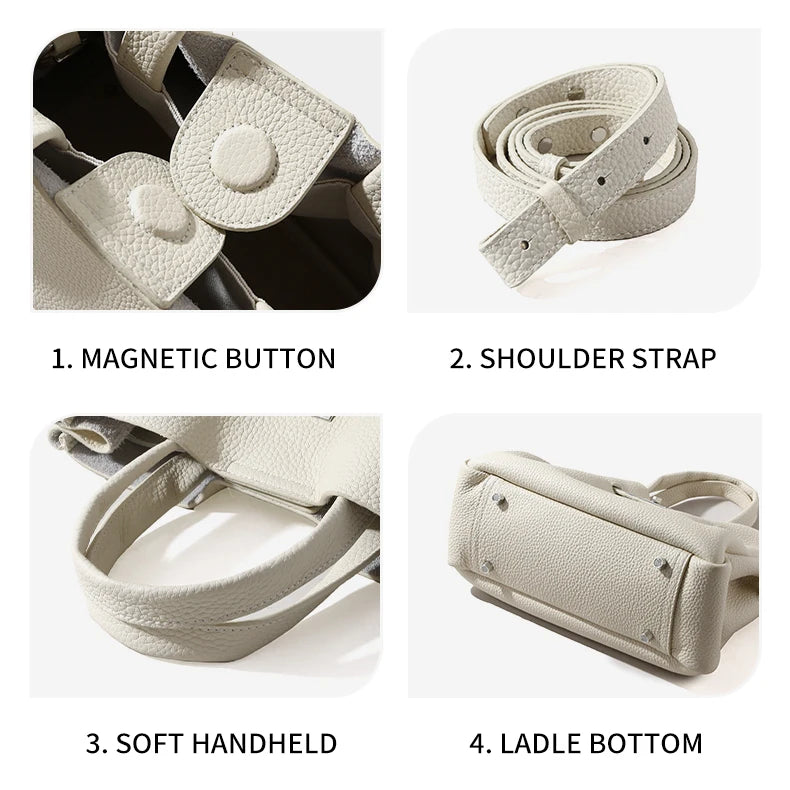 White genuine leather satchel details: magnetic closure, shoulder strap, soft handles, and protective metal base studs.