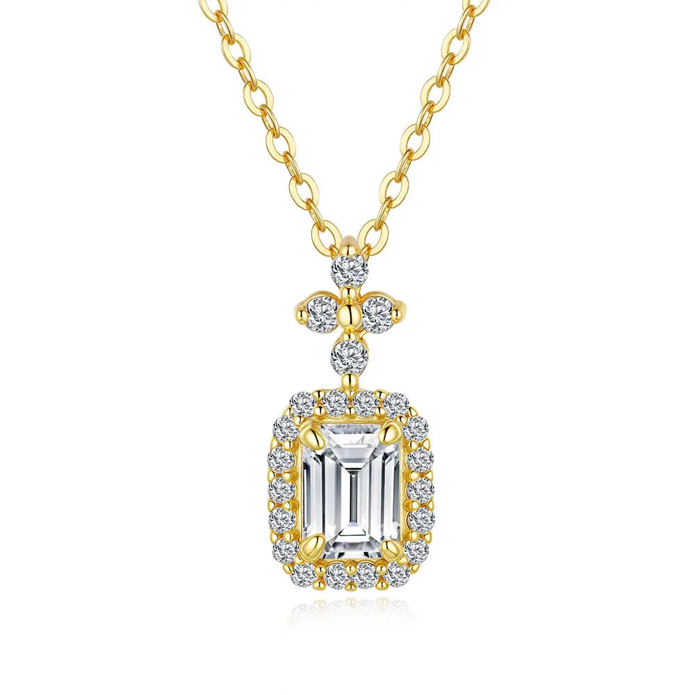 Zircon Emerald Cut Pendant 18K Gold Plated 925 Silver Link Chain Necklace-Wedding Gift