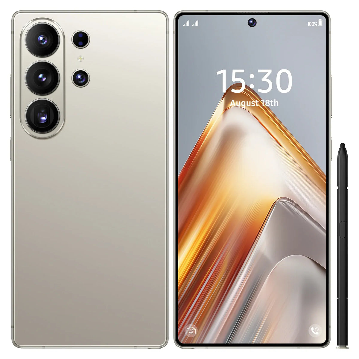 White smartphone with triple rear cameras and stylus, front screen with orange swirl