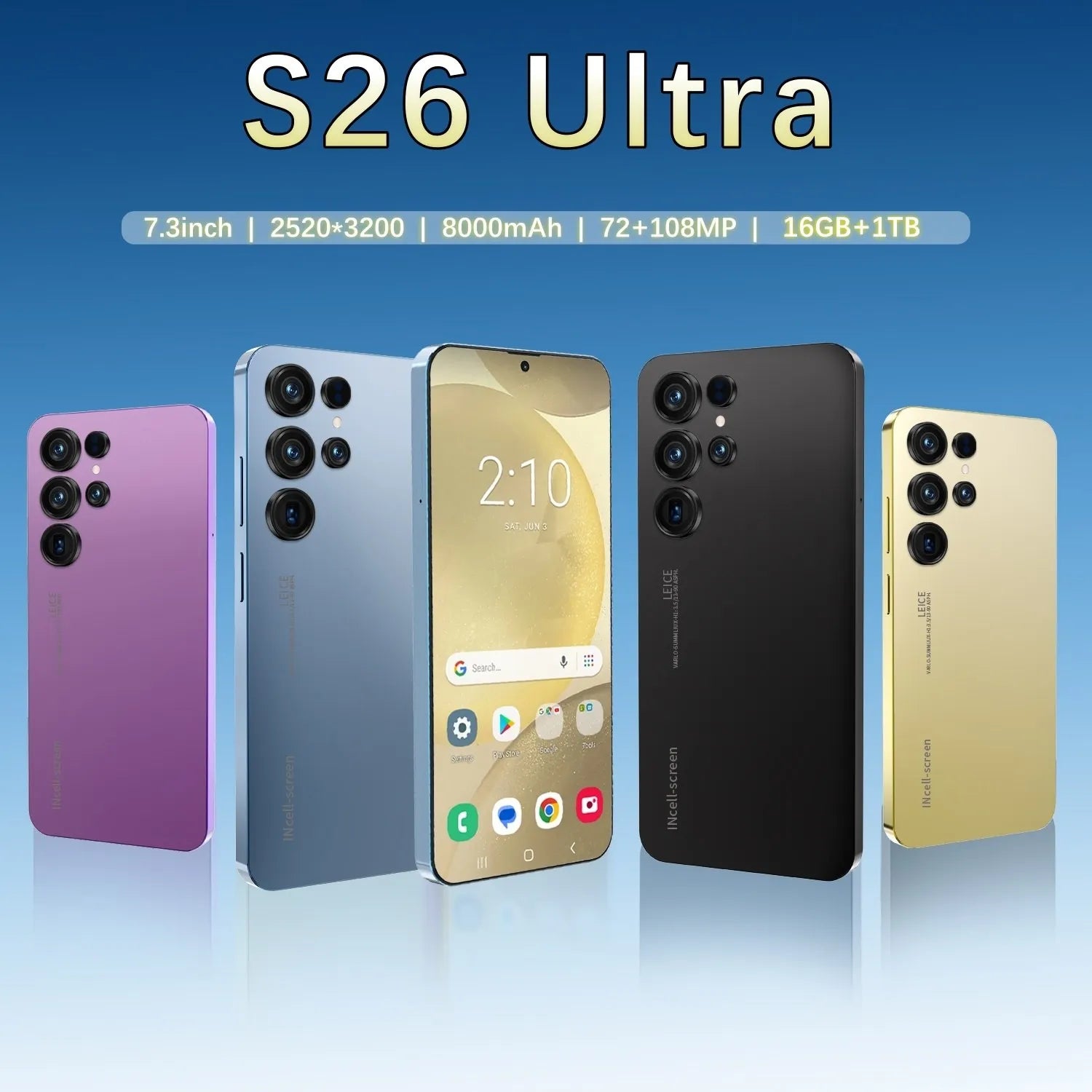 Tidesmit S26 Ultra smartphone featuring 7.3 inch display, 16GB RAM, and 108MP camera for high-quality photography.