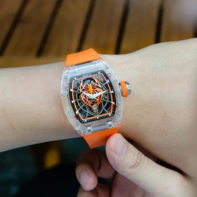 CRONUSART  Crystal Tonneau Men's Mechanical Watches with Transparent Luminous Dial and Spider Theme Design