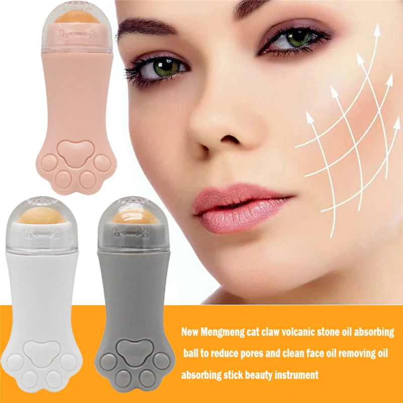 Cat paw-shaped facial oil absorbing rollers with volcanic stone balls, available in pink, white, and grey.