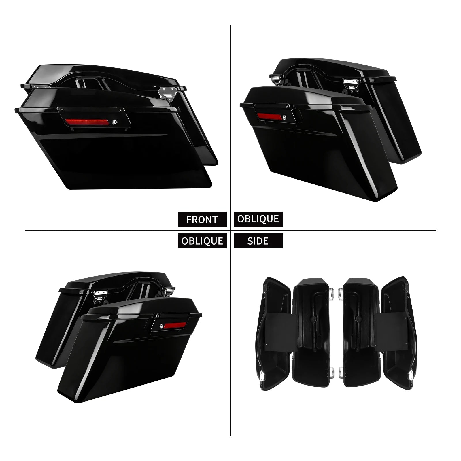 Black motorcycle hard saddlebag trunks with chrome latches for Harley Touring Road Glide 1994-2013.