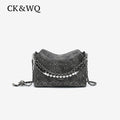 Grey denim hobo designer handbag with rhinestone grid, pearl chain strap, and crossbody style for parties.