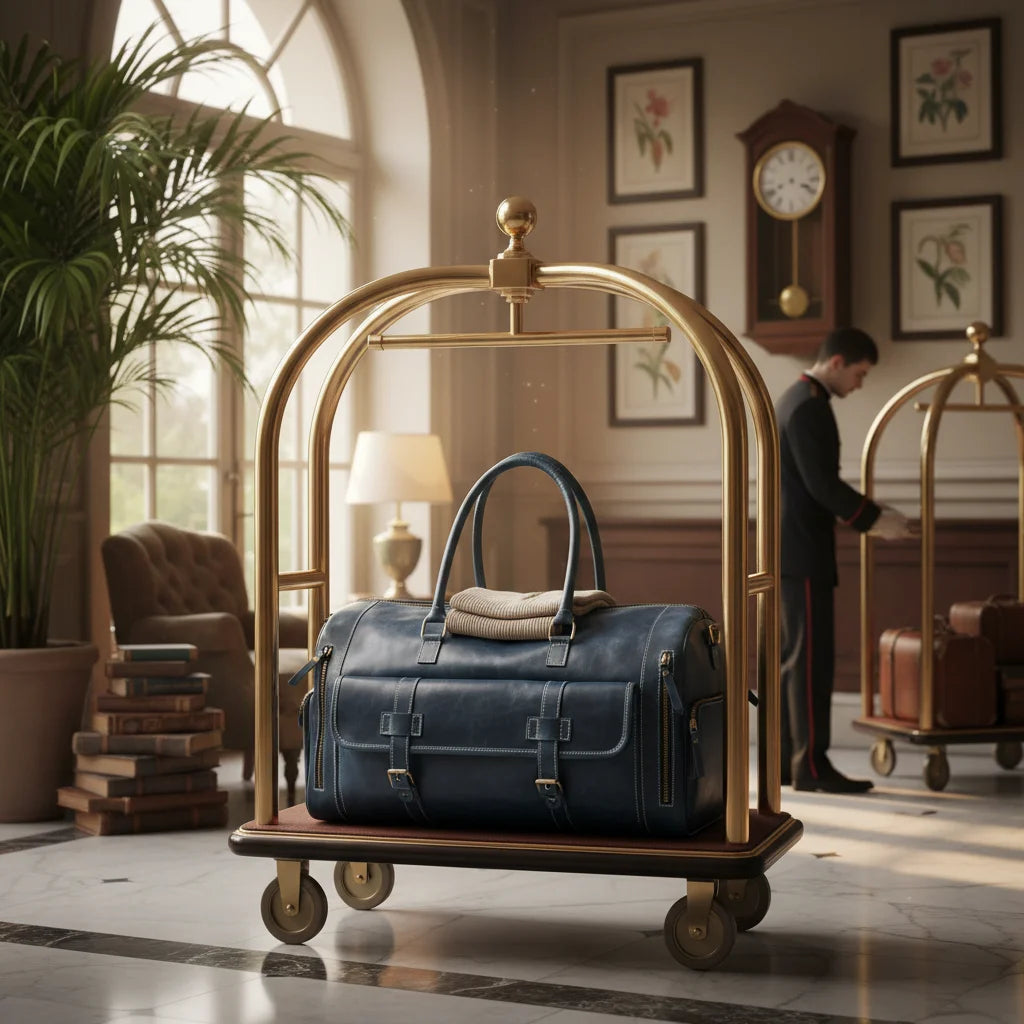 Blue full-grain leather designer duffel bag with buckled front pocket, shown on a hotel luggage cart.