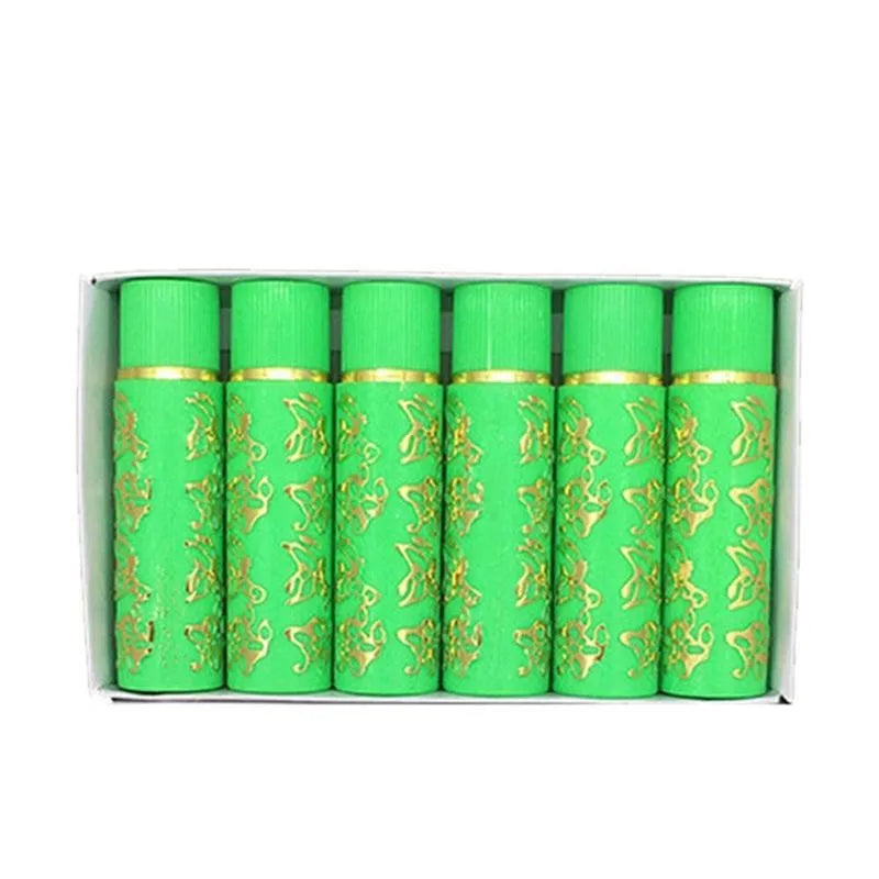 Set of 6 green color-changing lipsticks with gold butterfly pattern in a white box. Long-lasting lip makeup.