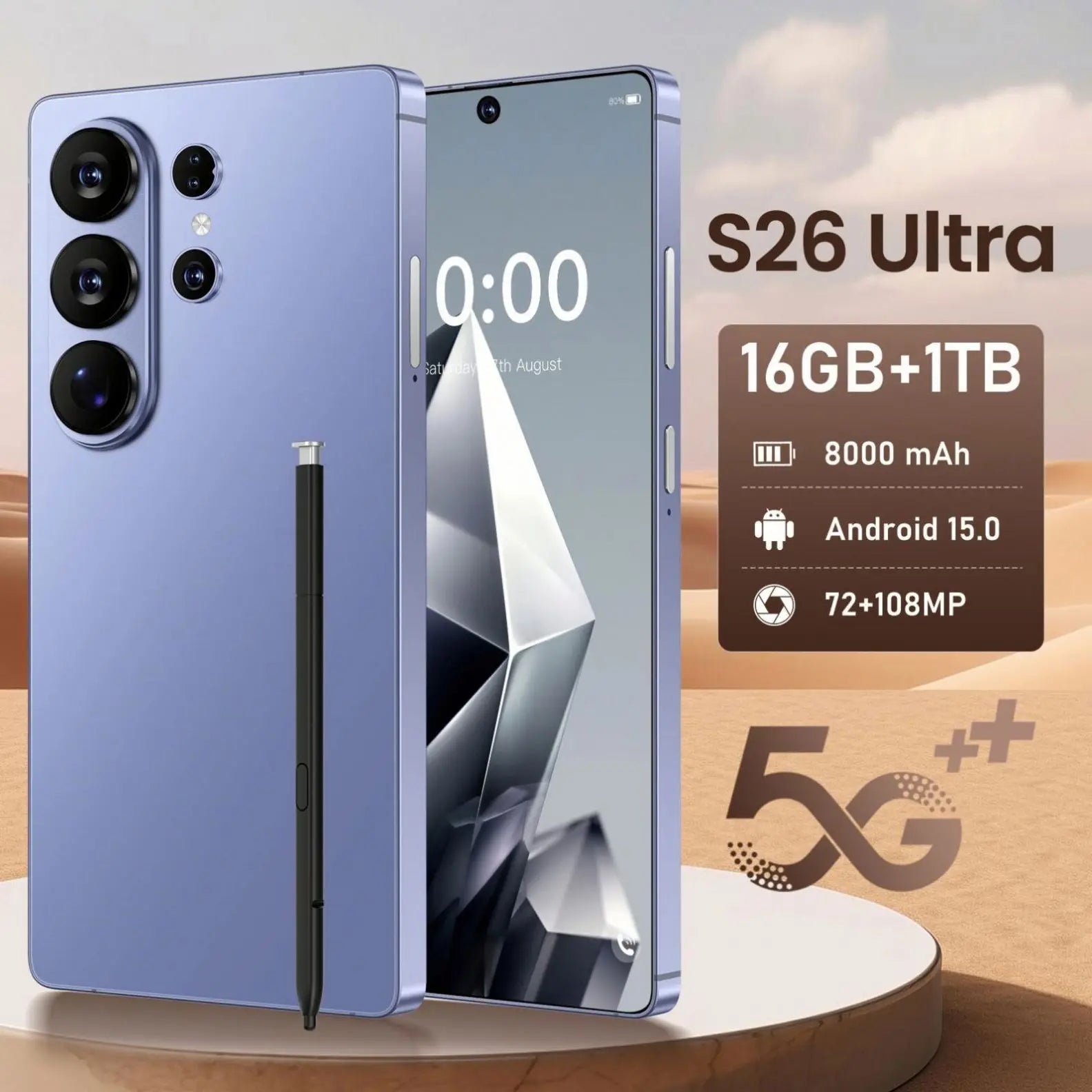 2026 S26 Ultra 5G Android 15 smartphone with 7.3 inch HD display and 108MP camera, 16GB RAM and 1TB storage, view 5