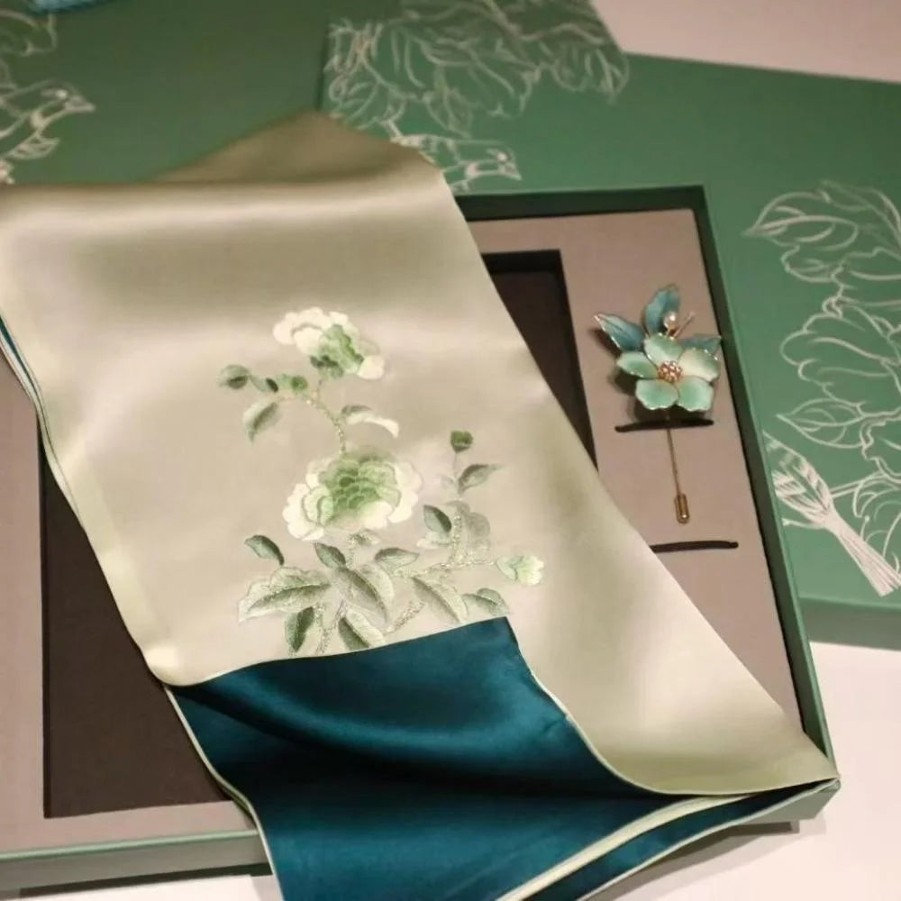 Exquisite Handmade Silk Scarf & Brooch Gift Set for Women