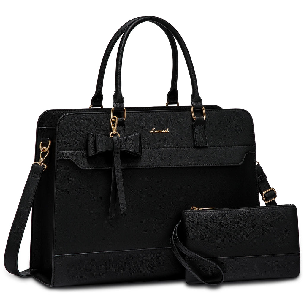 Black waterproof 15.6-inch laptop tote with bow detail, gold accents, and matching wristlet clutch. Designer handbag.