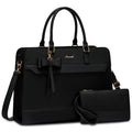 Black waterproof 15.6-inch laptop tote with bow detail, gold accents, and matching wristlet clutch. Designer handbag.