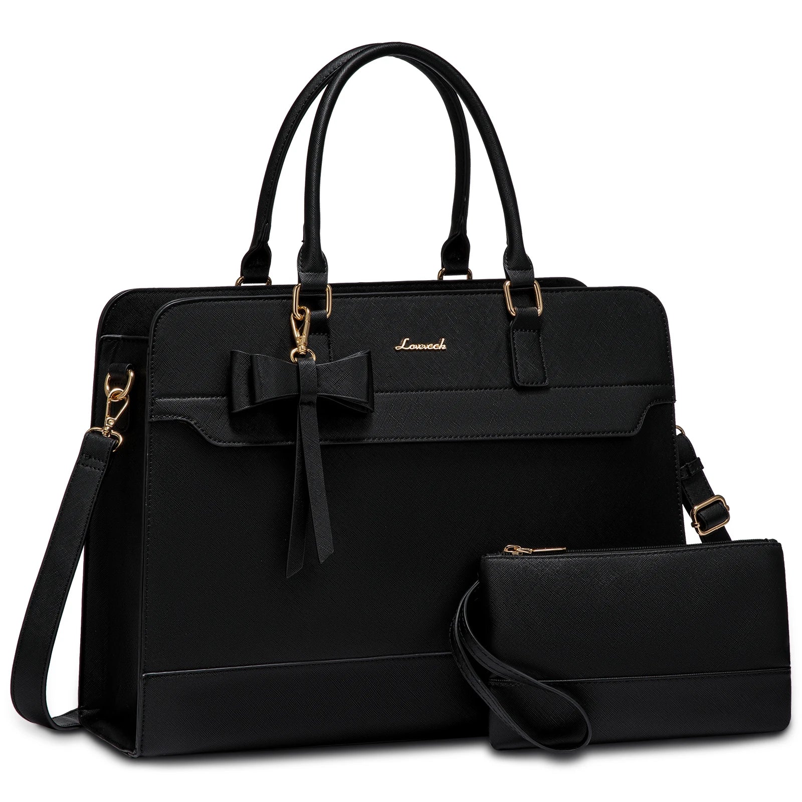 Black waterproof 15.6-inch laptop tote with bow detail, gold accents, and matching wristlet clutch. Designer handbag.