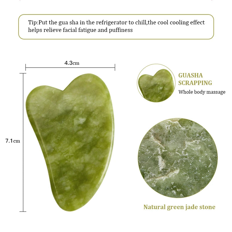 Green jade heart-shaped gua sha tool with dimensions (7.1cm x 4.3cm) and close-up texture views.