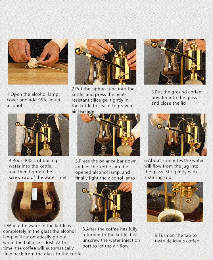 Gold balance siphon coffee maker with 400ml glass carafe and alcohol lamp, demonstrating a nine-step brewing process.