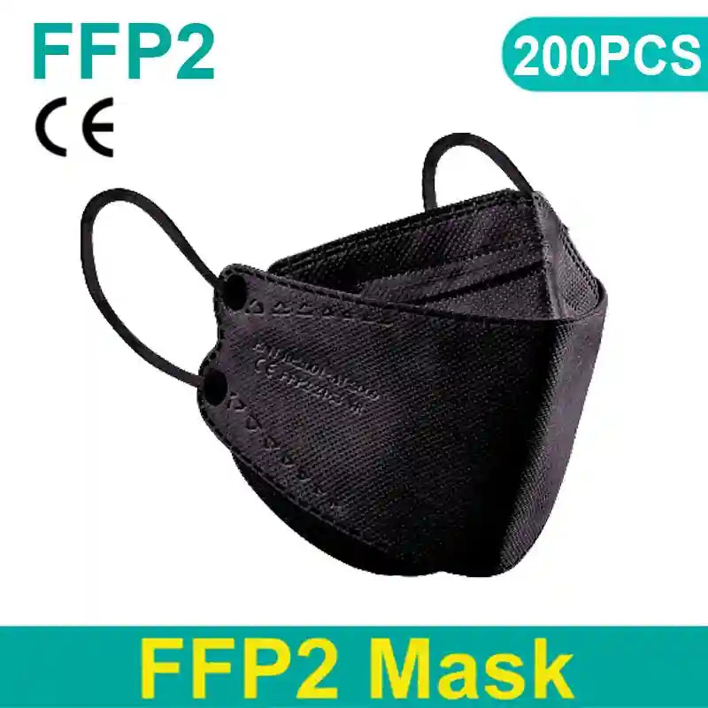 Black 4-layer FFP2 KN95 respirator mask with textured fabric finish, 200pcs set, protective dustproof mouth cover.